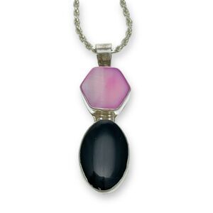 Vintage Sterling Silver 925 Oval Pink Mother Of Pearl Onyx Pentagon Pendant ONLY